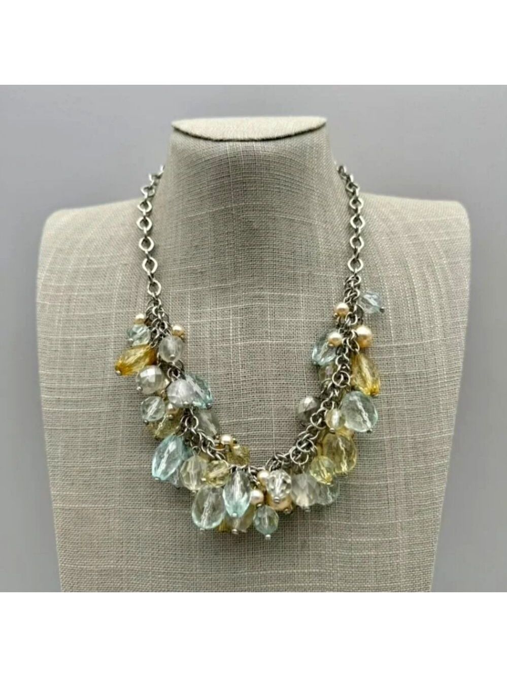 NY Necklace Blue Green Pastel Translucent Beaded Bib Necklace Silver Tone 18"